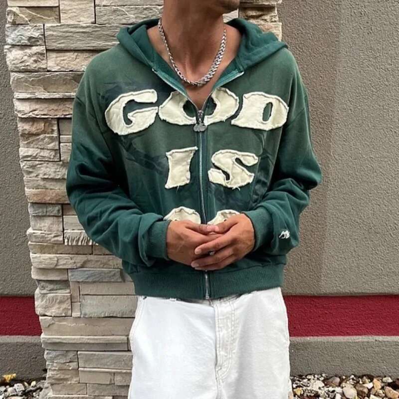 Y2k American New Trend Retro God Is Good Casual Zip-Up Hoodie Men's And Women's Haruku Hip-Hop Gothic Street Wear