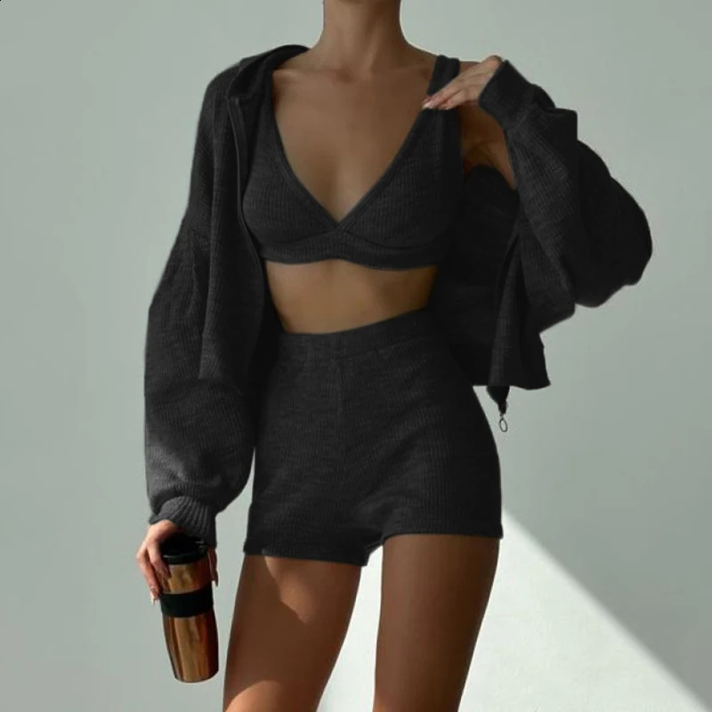 BIKPIIK casual three piece set comfortable sports womens shorts hooded jacketbrshorts fashionable womens track and field clothes fitness 250318