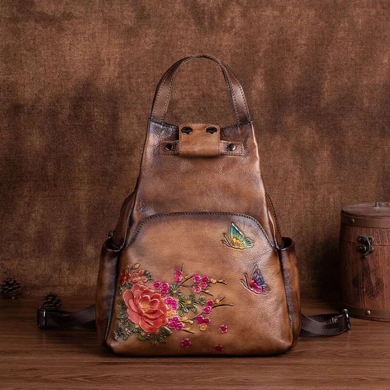 MOTAORA Ral Emed Leather Backpack For Women, Vintage Cowhide Shoulder Bag, Handmade Crossbody Purse With Adjustable Strap