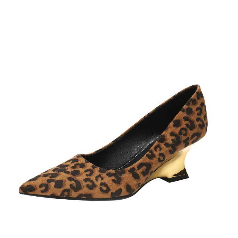 New leopard print high h for wen pointed toe wedge h sheepskin sexy shallow mouth single shoes Mary Jane shoes Y250319