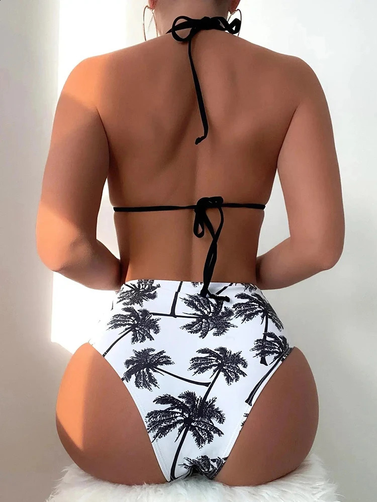 Product 2024 Sexy Palm Tree Print Cross Bikini Set WomenTwoPiece High Waist Swimsuit Summer Beach Swimwear Bathing Suit 250319