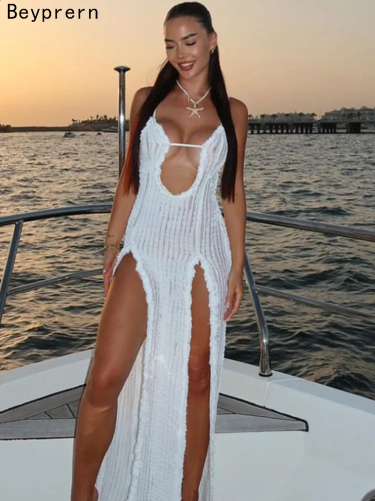 Beyprern Elegant Textured Cut Out Slit Cami Maxi Dress Vacation Outfits Summer Womens See Through M-Split Beach Cover-Ups Dress 250319