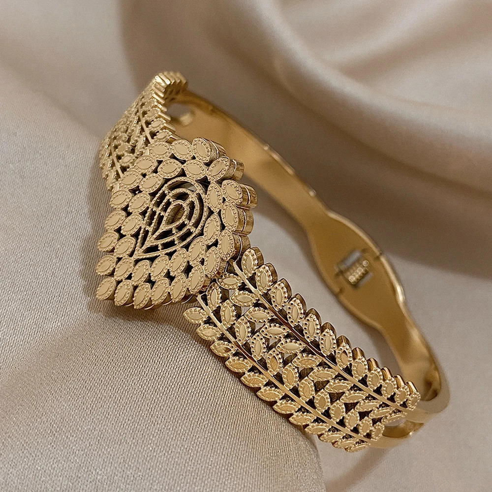 Vintage Stainless Steel Open Bracelet for Women Men Hollow Teardrop Leaf Shape Cuff Bangles Bracelet Unique Leaves Party Jewelry 250320