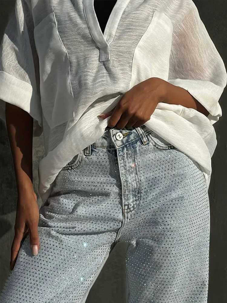Shiny rhinestone denim womens pants full diamond womens jeans high rise pockets dragging extremely tight pants wide leg summer jeansT250319