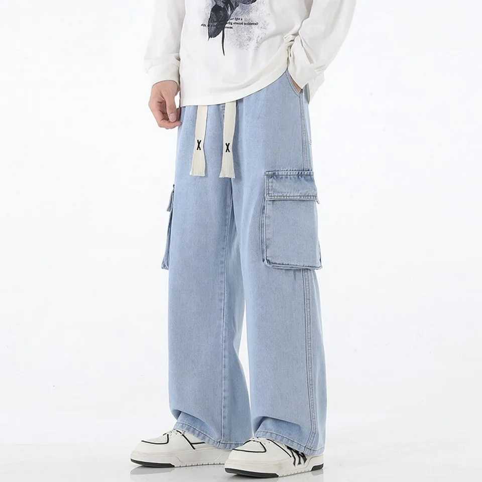 Retro Y2K pocket jeans mens American streetwear straight denim cargo pants solid wash elastic waist PantalonesT250319