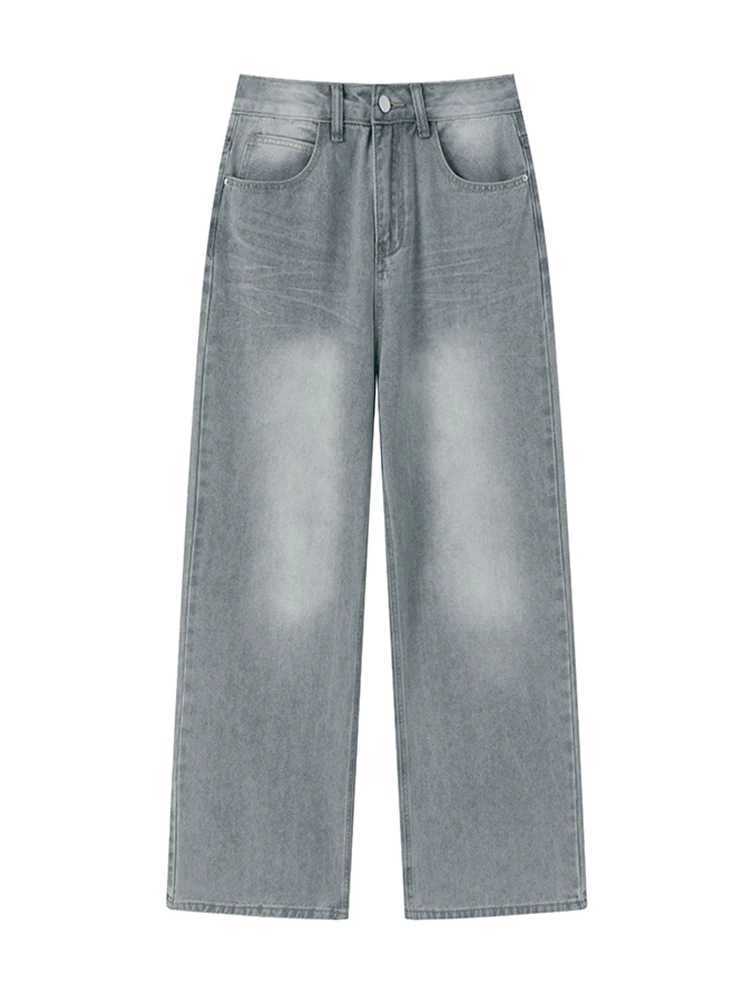 New retro grey pocket jeans mens fashion Harajuku casual Y2k pants straight high street mens wide denim TrousersT250319