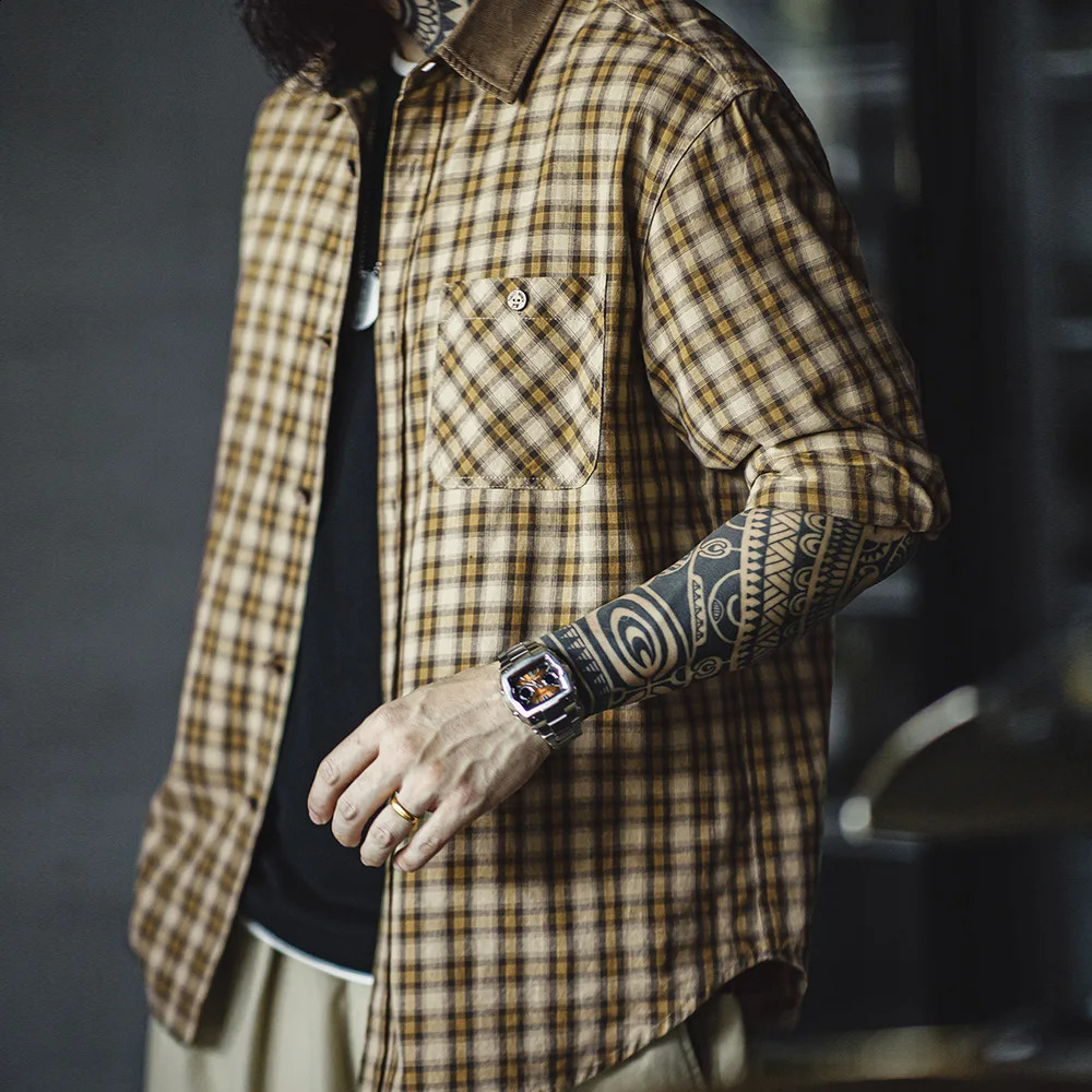 Madens retro plain long sleeved shirt with Corduroy patchwork lapel n jacket suitable for mens autumn daily top 250317