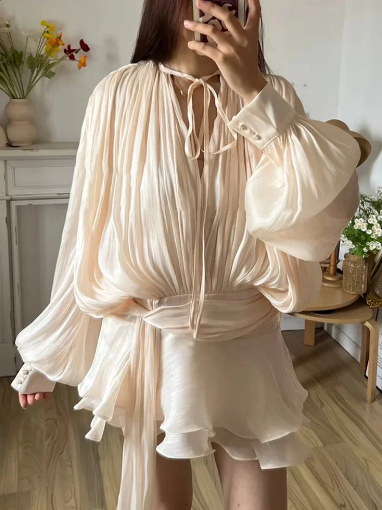 Fashionable womens lace Vneck lantern long sleeved mini dress with elegant folding and sexy hem vest 2025 summer vacation 250319