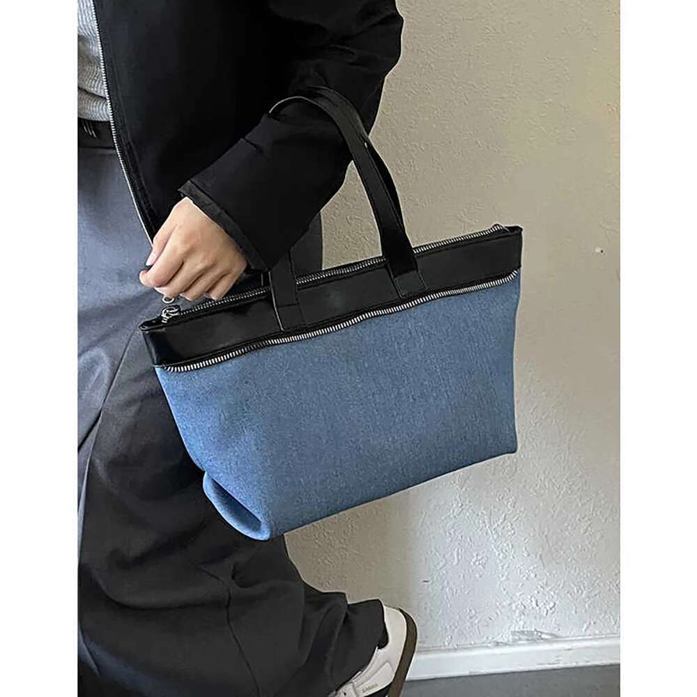 Women Large Capacity Shoulder Bags 2025 Casual Contrast Denim Blue Totes Bag Lady Versatile Commuting Daily Pack Hand-Held Tote