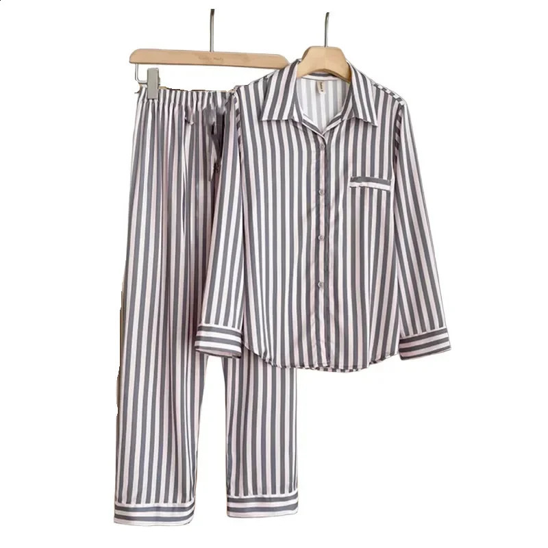Autumn Womens Long Silk Pajamas Two -piece Satin Noodle Cardigan Casual Clothes Thin Fashion Loose Home Service 250319