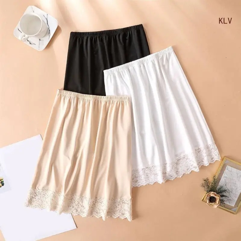 Women Knee Length Half Slip Underskirt Elastic Waist Solid Color Lace Trim Petticoat Basic Half Skirt for Under Dresses 250320