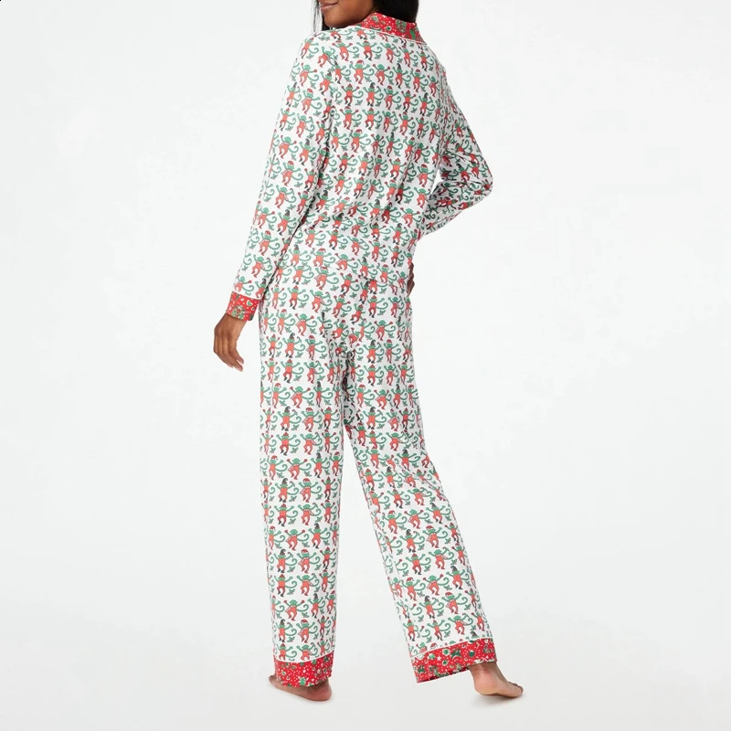 Cartoon Monkey Print Long Sleeve Button Down Blouse Tops with Long Pants Loungewear Womens Summer Casual 2 Piece Set Sleepwear 250319