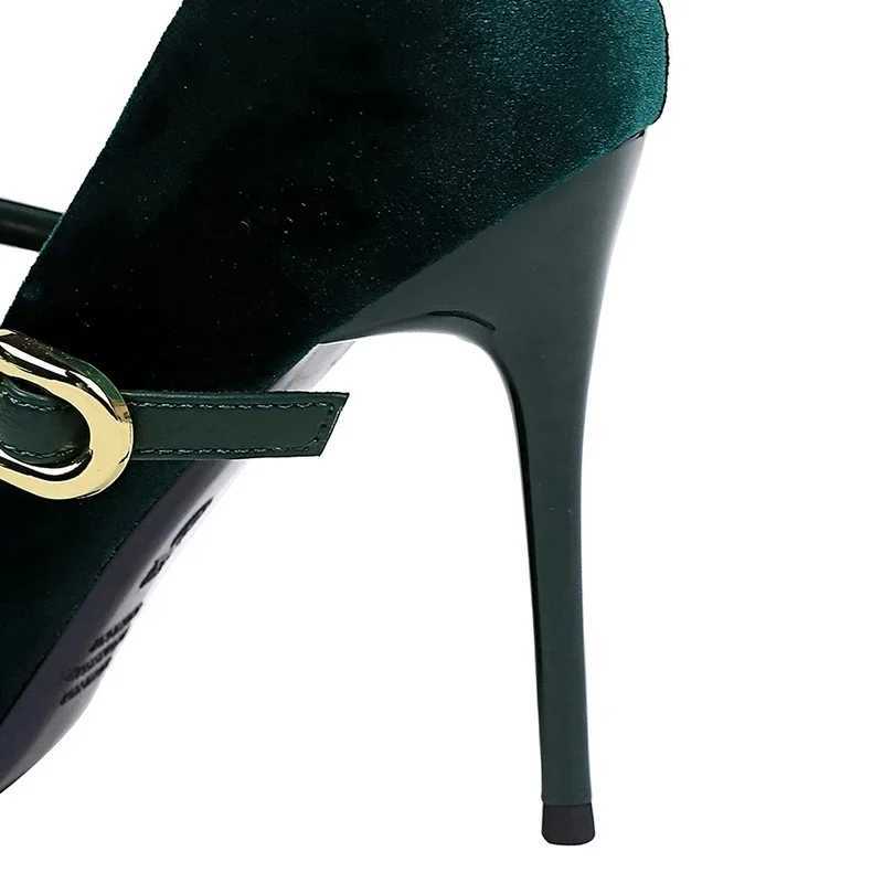 Wen 7cm 10cm High H Pump Women Pointed Toe Metal Buckle Mary Jane Stiletto High Heels H Blue Green Wine Red Suede Shoes Y250319