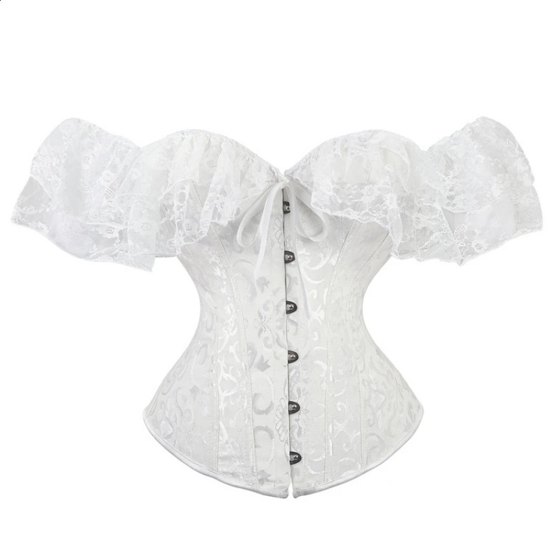 Women Sexy Corset Top Plus Size Vintage Flowers Lace Up Trim With Sleeves Shoulder Bustier Satin Overbust Burlesque Costumes 250319