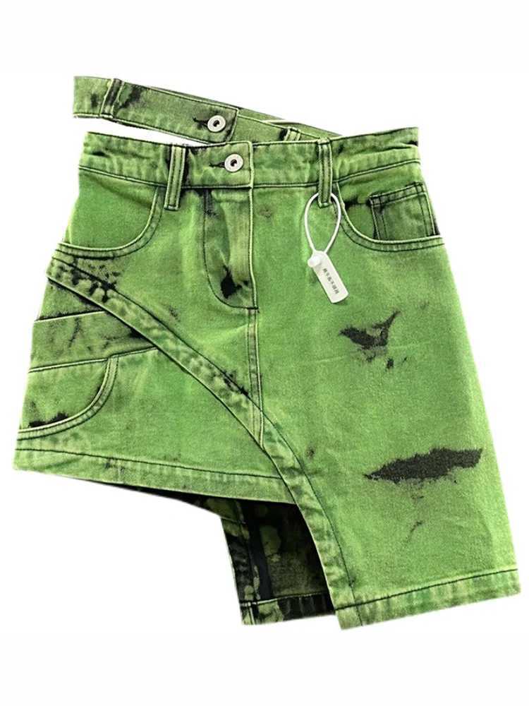 DEAT Fashion Womens Personalized Double Waist Design Green A-line Denim Skirt Asymmetric Hot Girl Short Skirts Spring 17A1759XJ250320
