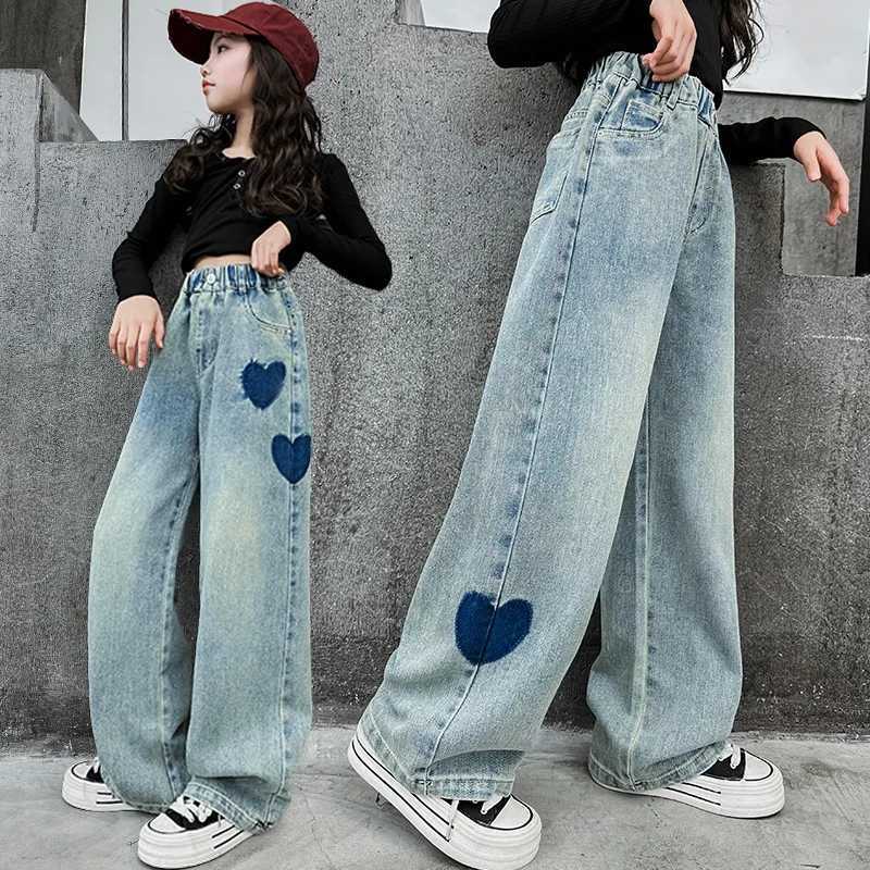 Fashion girl heart-shaped pattern jeans spring children wide leg Trouser childrens casual Korean version loose jeans 120-170cmT250326