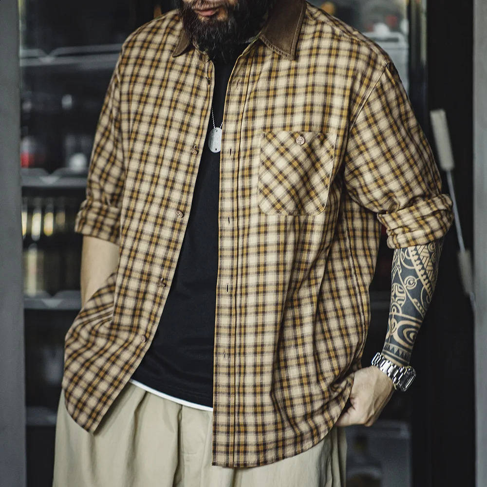 Madens retro plain long sleeved shirt with Corduroy patchwork lapel n jacket suitable for mens autumn daily top 250317