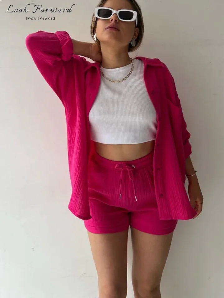 Casual Shirt Shorts Suit Women Spring Summer Buttons Blouses Lace up Above Knee Pants Set Lady Full Sleeve Sets Female Home Wear 250318