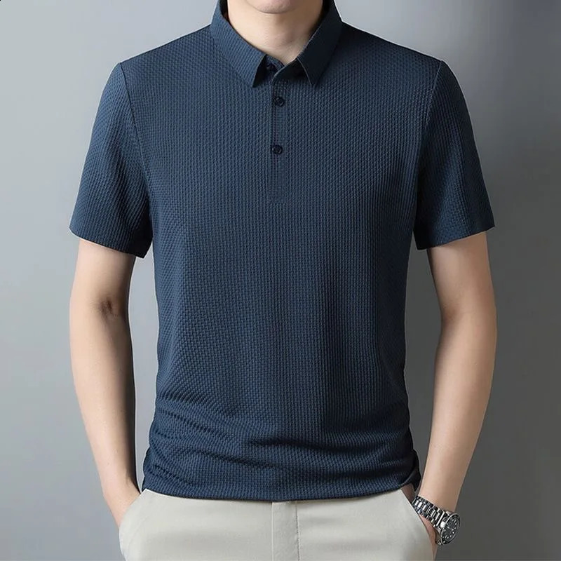 Summer Mens Short sleeved Polo Shirt High Quality Ice Silk Breathable Business Fashion T-shirt High Elastic Soft Polo Shirt 250319