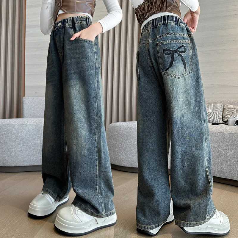 Girl Pocket Bow Embroidery Jeans New Teenage Children Wide Leg Denim Pants for Kids Loose Trousers Spring Autumn 4-14 YearsT250326