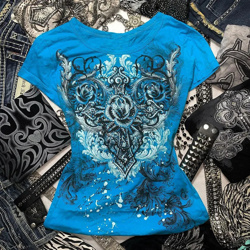 Womens Y2k Grunge T-Shirts 2000s Vinage Rhinestone Print Heart Rose T-Shirt Aesthetics Harajuku Round Neck Tops street fashion 250320