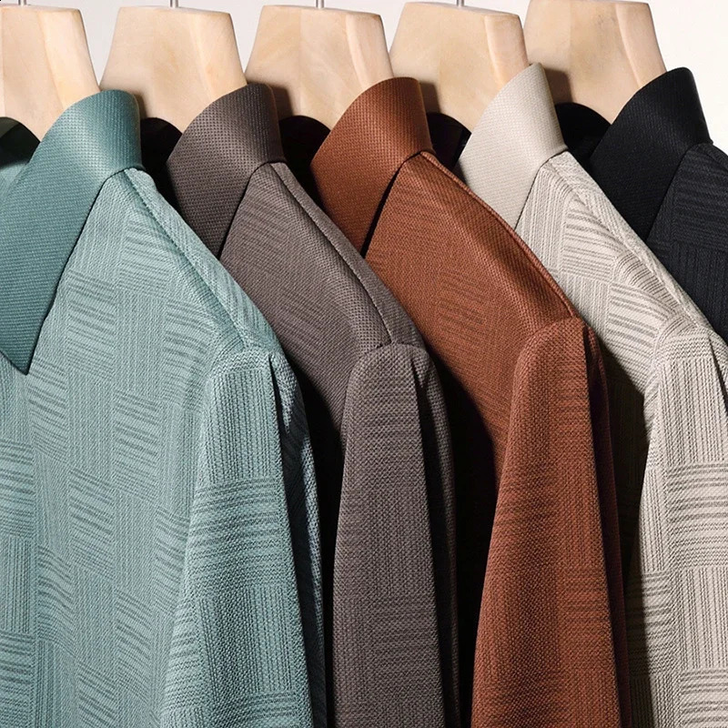 Mens business casual long sleeved solid color polo shirt fashionable breathable and comfortable Versatile top 250318