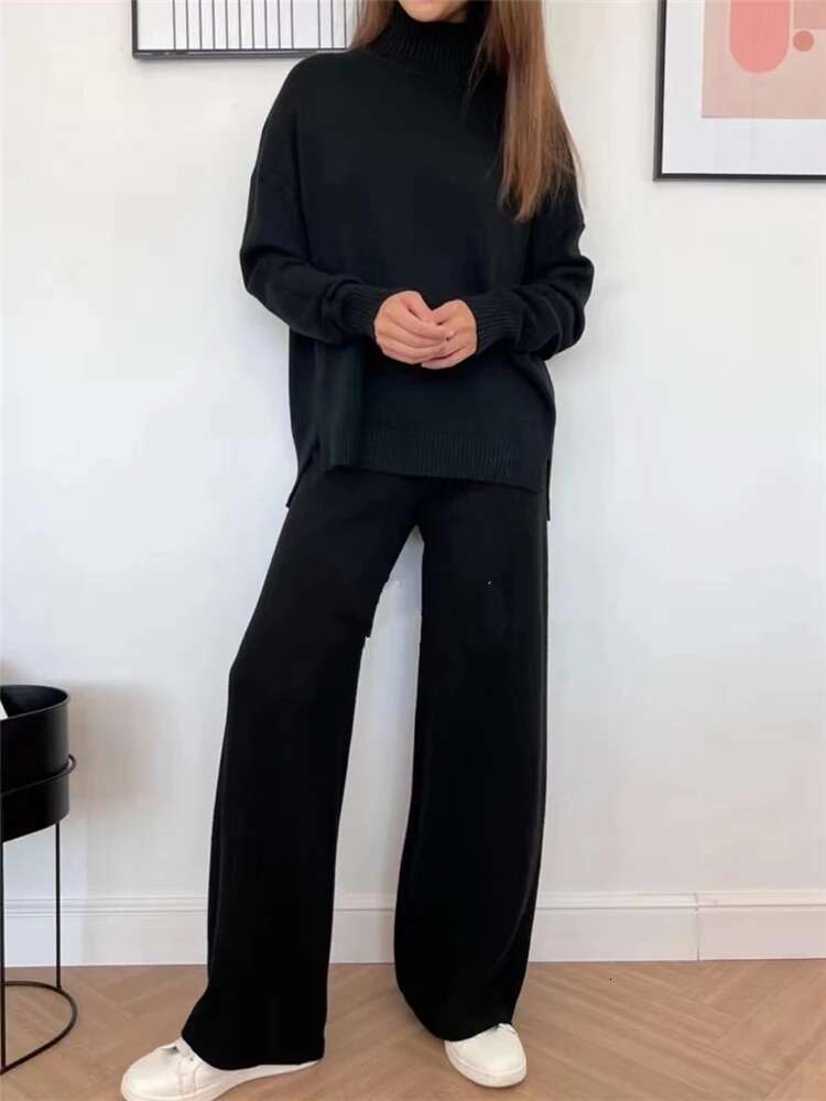 Autumn Winter 2 Pieces Women Sets Knitted Tracksuit Turtleneck Sweater And Straight Jogging Pants Suits