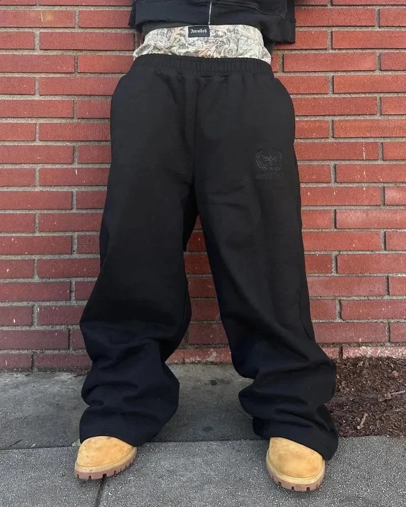 Y2K pants vintage Harajuku double ed waist Sweatpants Men Woman Hip Hop Casual High waisted Wide Leg Pants Streetwear 250317