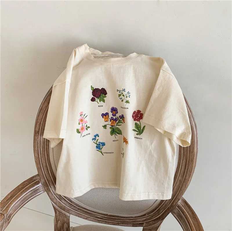 2152B Childrens T-shirt 2022 Summer Childrens Short sleeved Cartoon Top Boys and Girls Rabbit Flower Printed T-shirtT250320