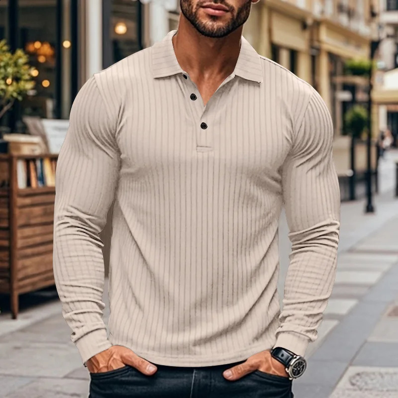 Cross border mens classic casual American lapel button long sleeved Tshirt elastic pit stripe polo shirt 250318