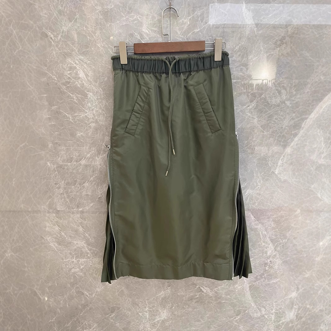 FOG SACAI Half length 2024 New Slimming Drawstring, Zipper on Both Sides, Folded Waist Bag, Hip Fold Skirt