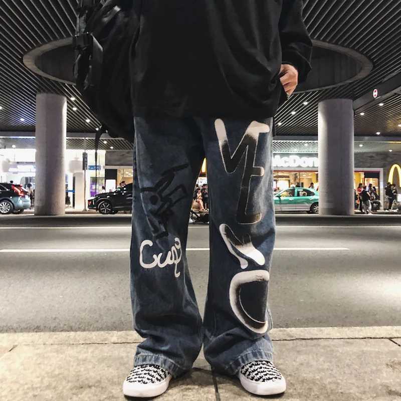 Painting hand drawing graffiti cartoon cartoon jeans mens high street oversized loose hip-hop Trouser street fashionT250319