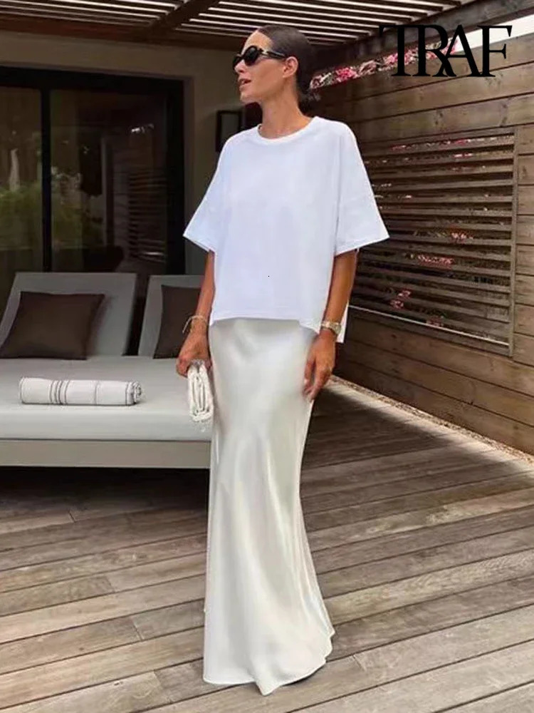 Womens Flowing Satin Midi Skirt High Waist With Elastic Waistband Female Skirts Chic Fashion 250320