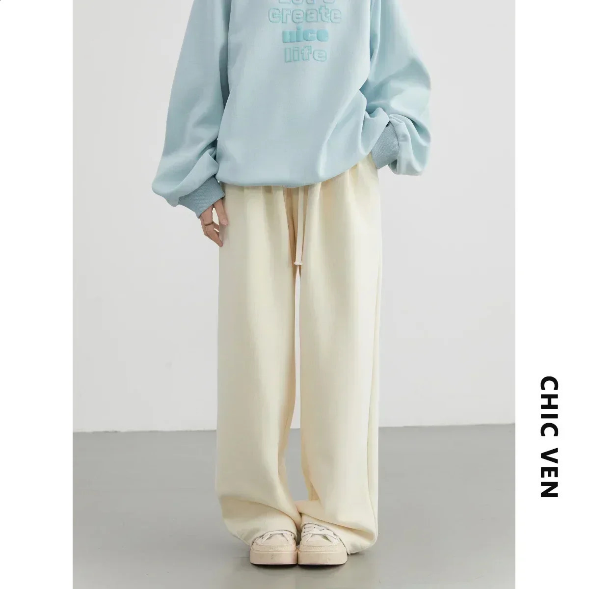 CHIC VEN womens solid loose brushed sports casual mens high waisted pants autumn/winter 250314