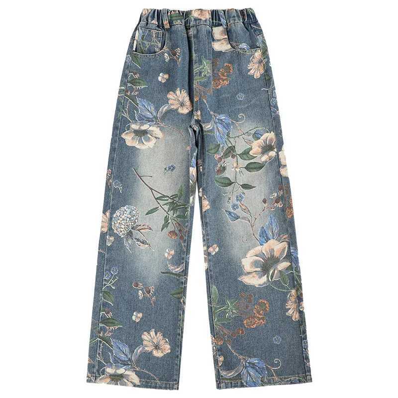 New Fashion Girls Jeans Childrens Denim Wide Leg Pants Flower Pattern Korean Youth Casual Trouser Girls Clothing Hot SellingT250326