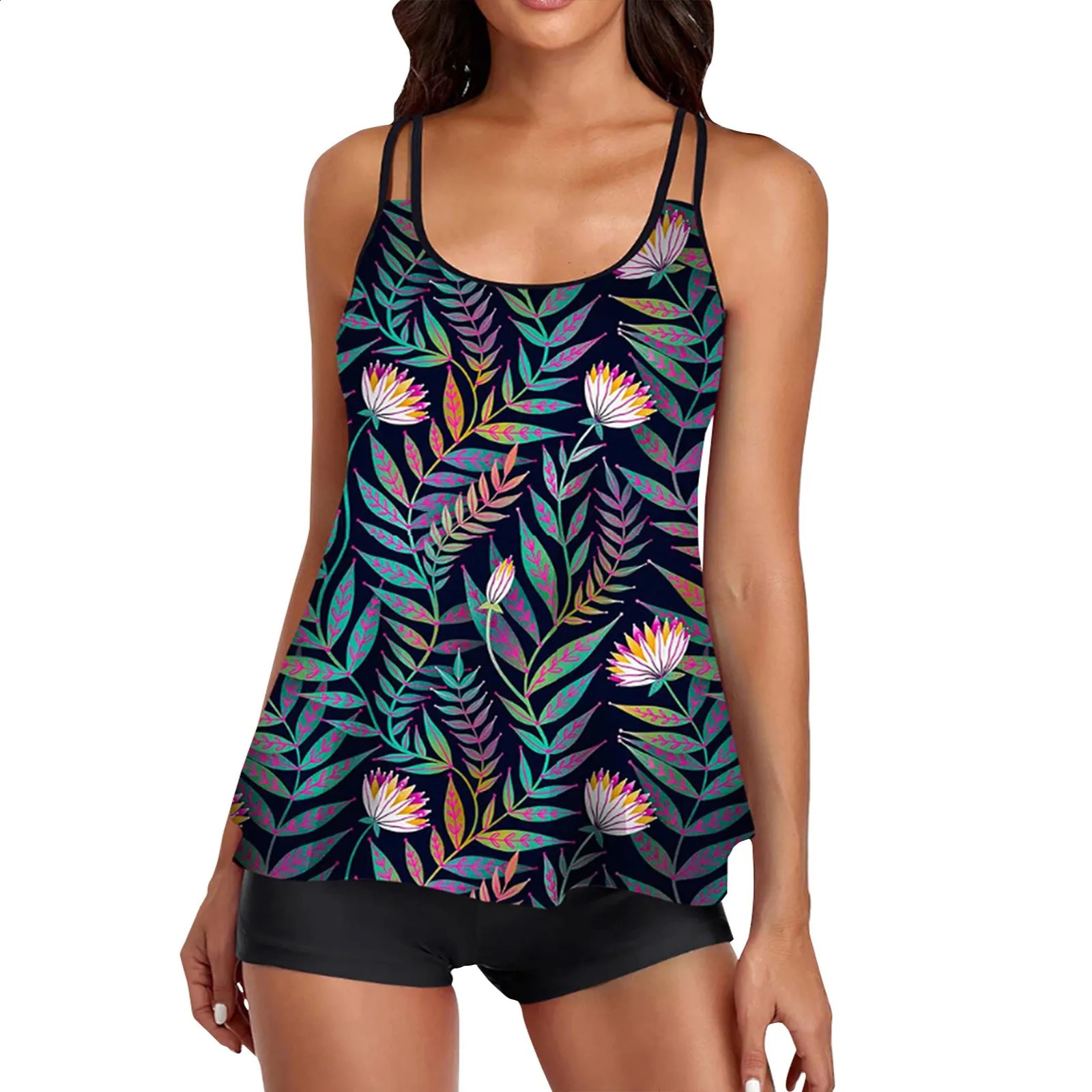2024 2piece Womens Casual Tropical Printed Tankini Swimsuit Set with Adjustable Suspension and Elastic Shorts 250319