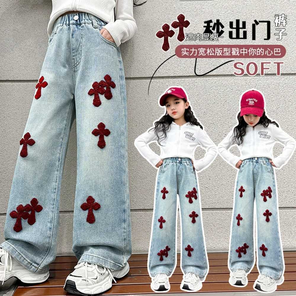 Spring Autumn Teenage Girls Jeans Child Towel Embroidered Wide Leg Long Pants Baggy Denim Trousers for Kids 6 8 10 12 14YrsT250326