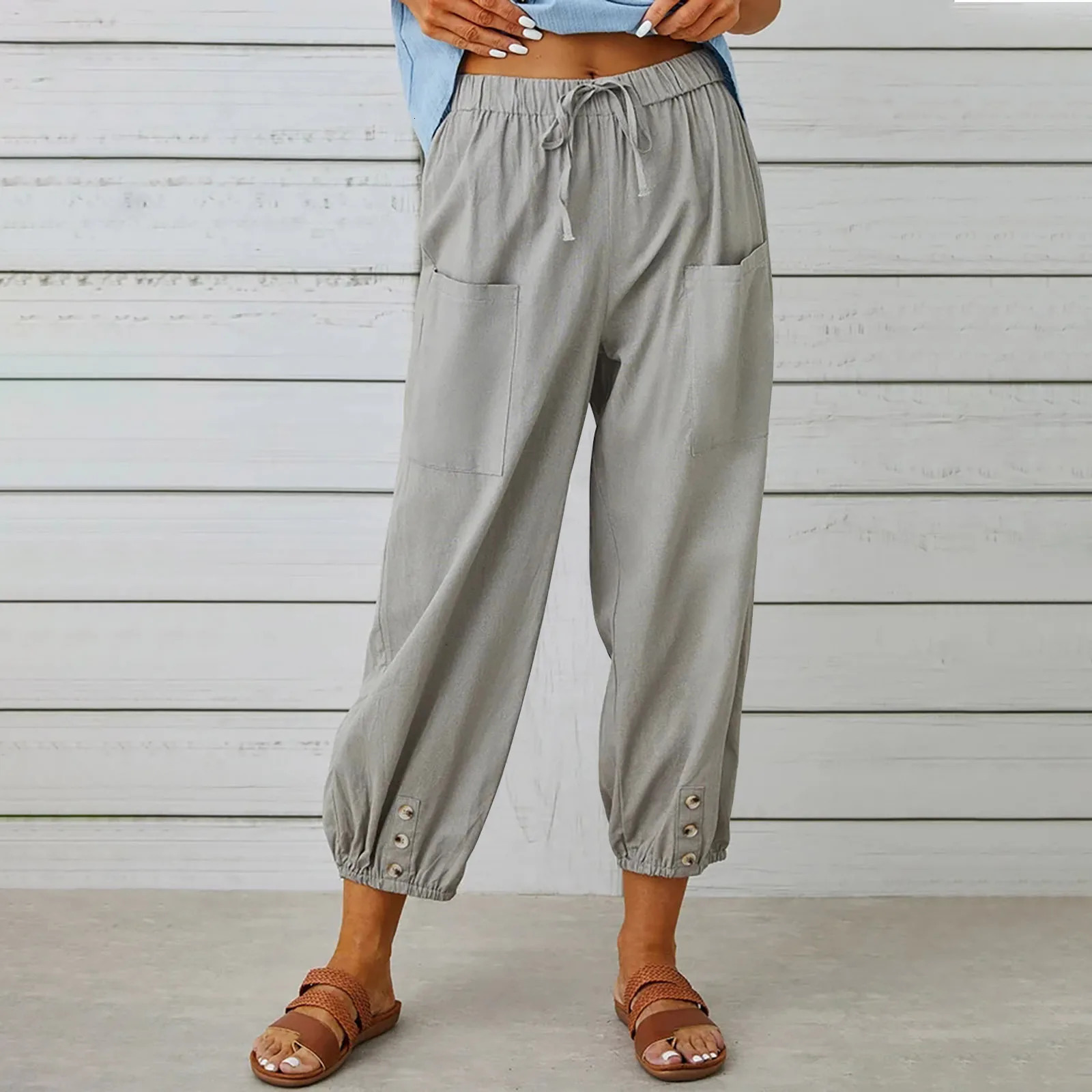 Cotton Linen Summer Pants for Women High Waist Elastic Casual Trousers Streetwear Solid Female Clothes Loose Pencil Pants 250320