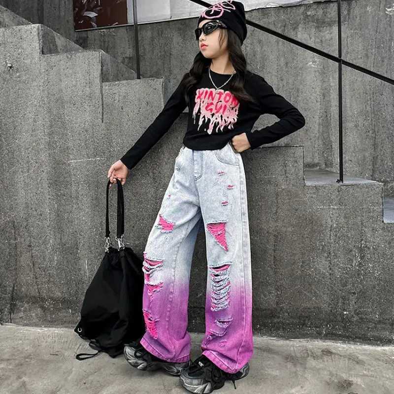 4-14Y Teen Girl Hole Wide Leg Pants Fashionable Loose Street Gradient Color Jeans Childrens Clothing School Children TrouserT250326