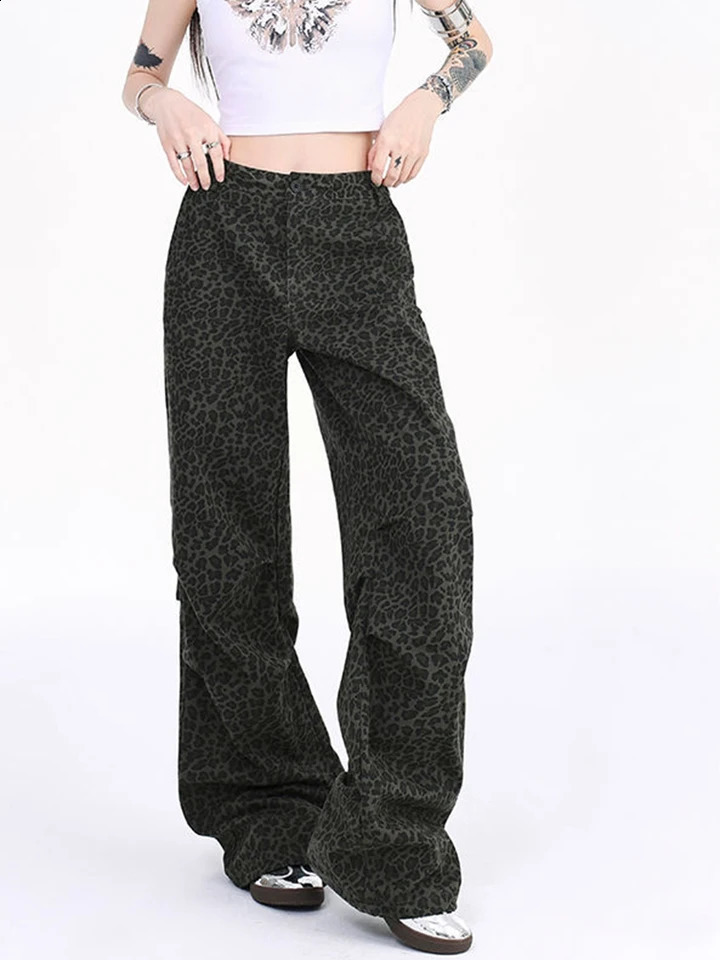 Zoki Y2K Leopard Cargo Jeans Women Harajuku Streetwear Loose Denim Pant Fall Vintage American Casual Bf Gothic Hip Jop Trousers 250319