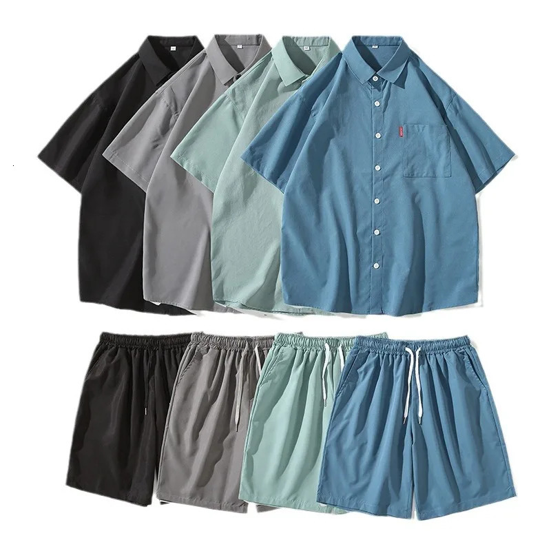 Summer Mens Casual Set Japanese Solid Color Simple Loose Short sleeved Shirt Shorts Two piece 250317