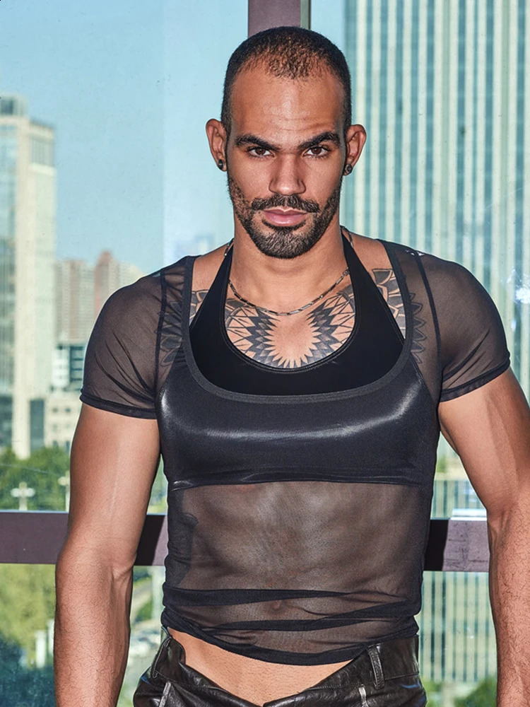 Sexy mens oil gloss short vest thin PU strap fashionable high elasticity sleeveless dance dress 250319