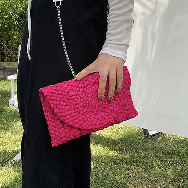 Women Fashion Flap Envelope Bags Summer Beach Bag Handmade Wallet Straw Knitted Handbag Lady Coin Phone Long Purse Clutches 250317