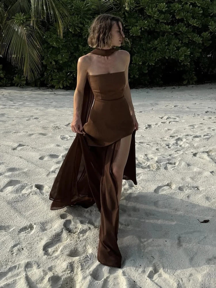 TARUXY Fashion Strapless Dress With Ribbon Female Elegant Sleeveless Mesh Beach Vacation Long Dress Spring Women Dress 250319