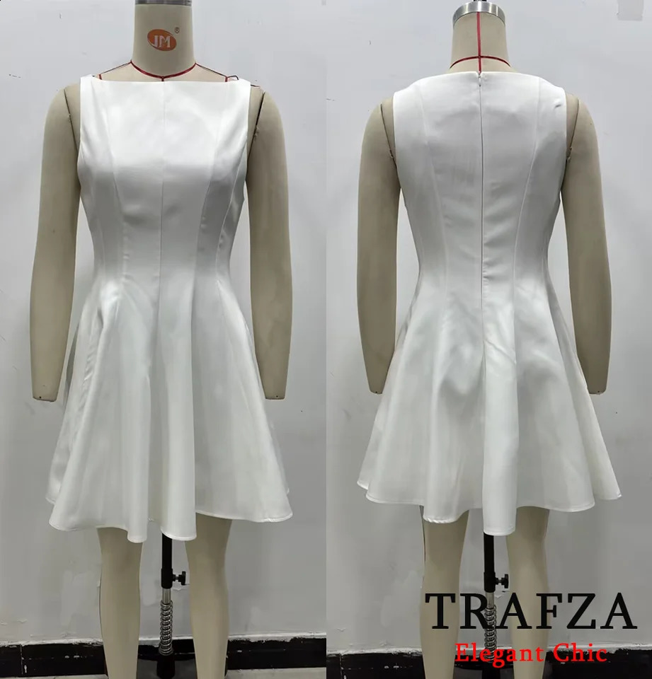 TRAFZA Women Elegant Pleated Dress Sleeveless Slim Short Red White 2025 Summer Fashion Holidays Party Black 250319