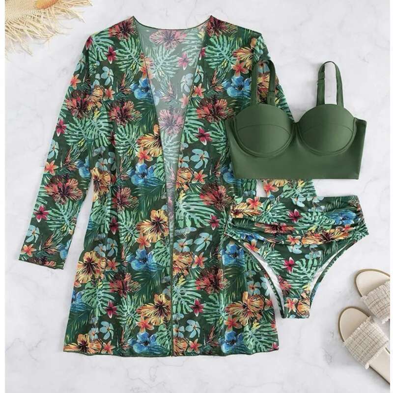 New Bikini Mesh Three Pieces Set Fringed Sexy Slit Printed Swimwear