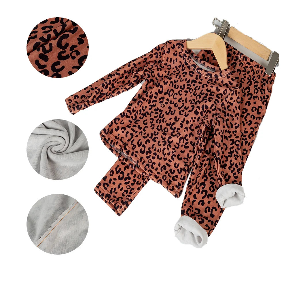 Childrens Pajama Set Fashion Leopard Pattern Spring and Autumn Girls Long Sleeve Pants Velvet Pajamas Clothing 250319