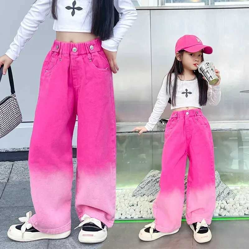 Girls jeans spring and autumn candy colors fashionable gradient wide leg pants childrens clothingT250326