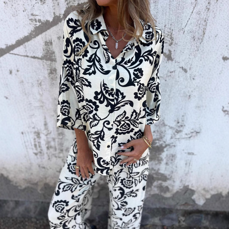 New Casual Women's Printed Two-Piece Shirt And Pants Set For Women