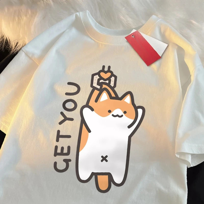 Catching Baby Fun Cat Print Japanese Style Clothe Fashion Oversize TShirt Casual Oneck Tops Summer Loose T Shirt Y2K 250311